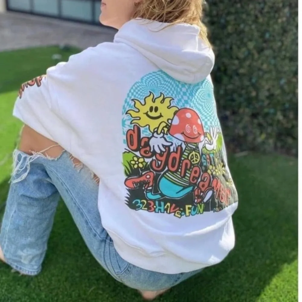 Daydreamer Size XS Oversized‎ Mushroom Doodle Hoodie Sweatshirt White Hippie